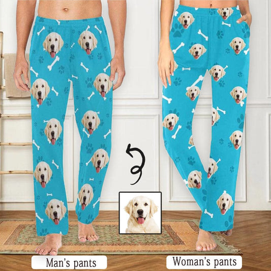 Custom Couple Face Dog Bone Paw Print Blue Background Sleepwear Personalized Women's & Men's Slumber Party Long Pajama Pants