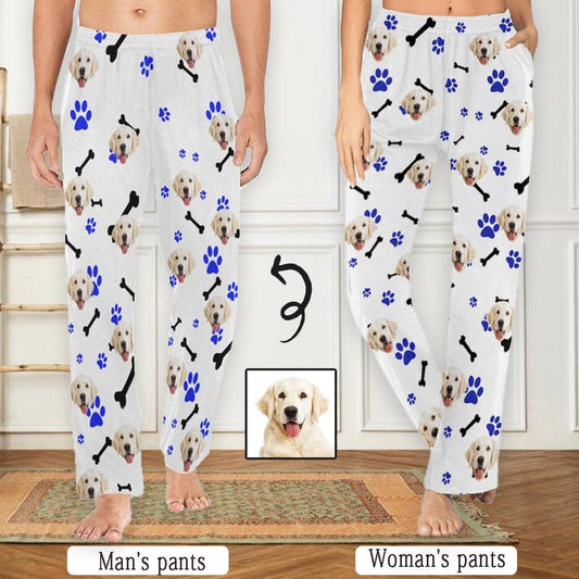 Custom Couple Face Dog Bone Paw Print Sleepwear Personalized Women's & Men's Slumber Party Long Pajama Pants
