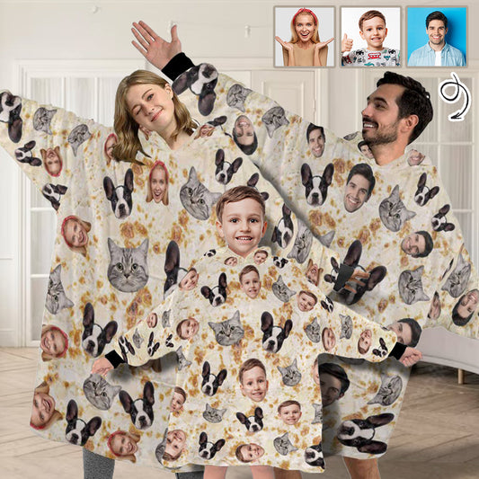 Custom Face Blanket Hoodie Personalized Oversized Family Fleece Blanket for Adults and Kids