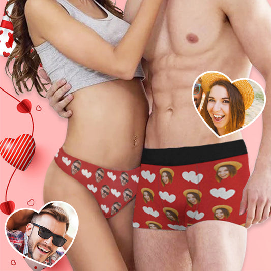 Personalized Love Heart Couple Boxer Briefs and Panties with Your Faces on It - Perfect for Valentine’s Day!