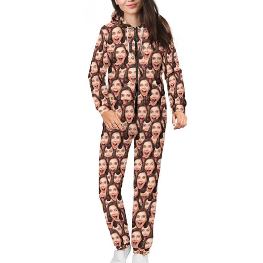 Custom Seamless Face Unisex Adult Hooded Onesie Jumpsuits with Pocket Personalized Zip One-piece Pajamas for Men and Women