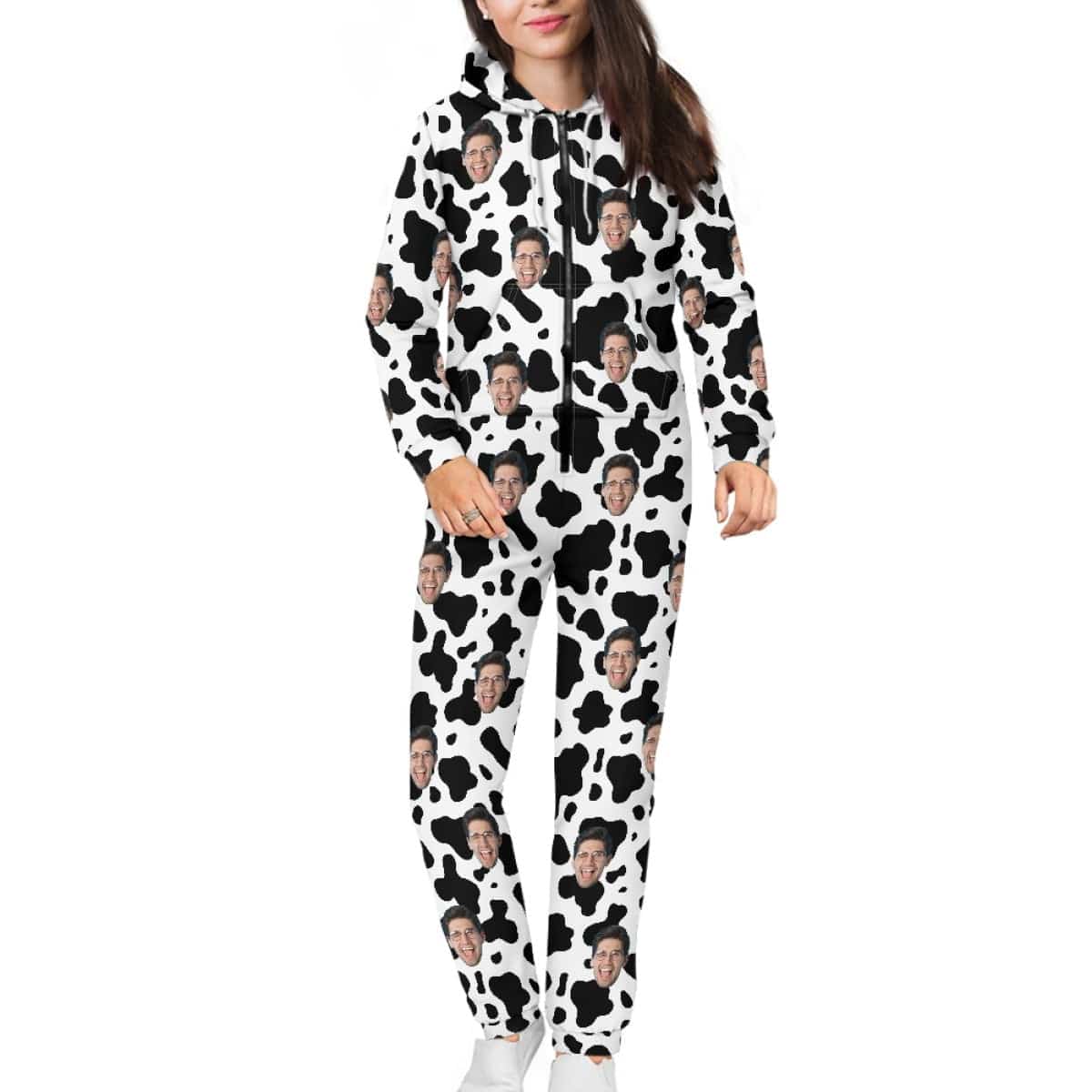 Personalized Hooded Onesie for Family Custom Face Cow Pattern Zip